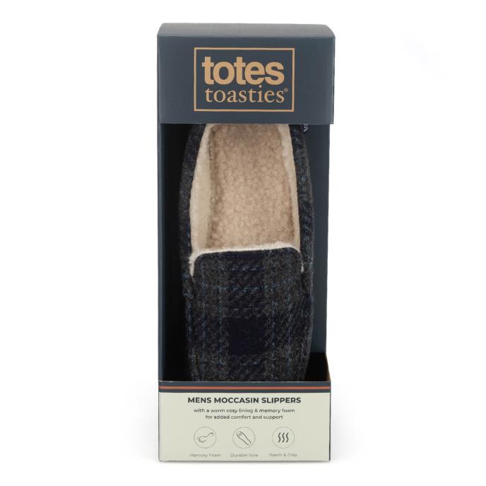 totes toasties® Mens Check Moccasin With Curly Fur Lining Navy Check Extra Image 7